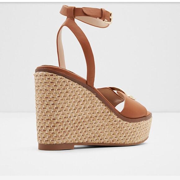Aldo CARRABRIRIA TEXTURED ANKLE STRAP WEDGES Sandal 8.5 New Cognac Brown - Picture 9 of 9